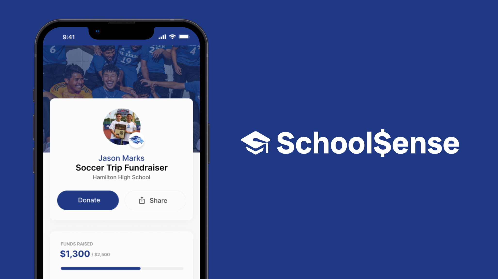 Screens from the SchoolSense fundraising platform: campaigns, student pages, and admin dashboards